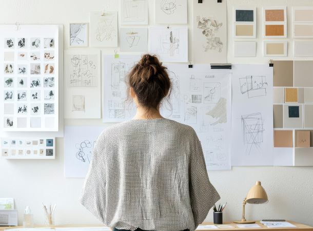 a woman looking at a wall with drawings