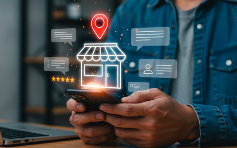 Local-SEO a person holding a phone with a store icon